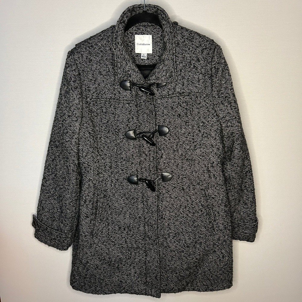 Croft & Barrow Black White Tweed Wool Blend Toggle Zip Coat Large Winter Neutral